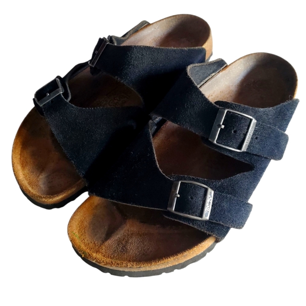 BIRKENSTOCK Birki's Lyon Black Suede Leather Double Strap Slide-on Sandal W9/M7